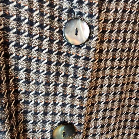 Vintage Wool Blend Coat Leather Trim Brown Black Size M