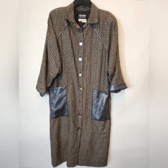 Vintage Wool Blend Coat Leather Trim Brown Black Size M
