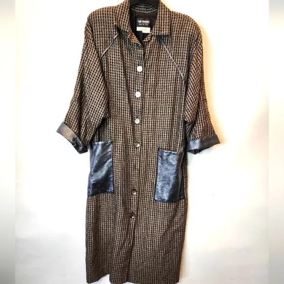 Vintage Wool Blend Coat Leather Trim Brown Black Size M