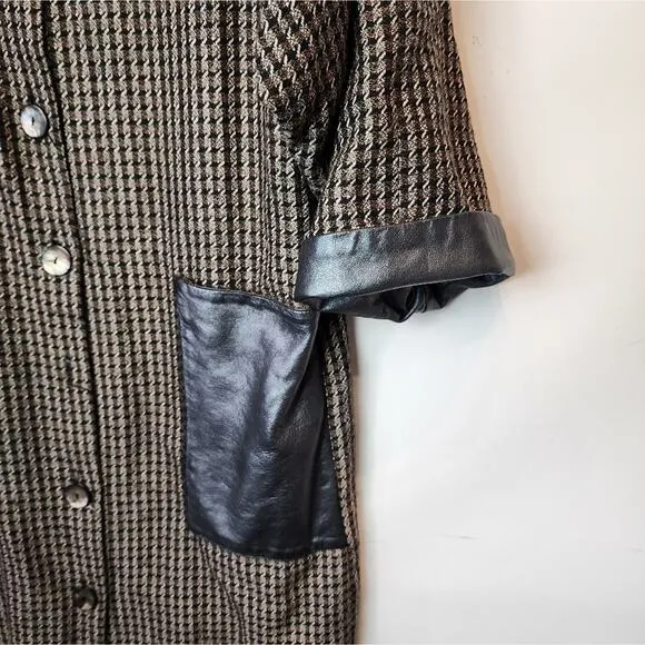 Vintage Wool Blend Coat Leather Trim Brown Black Size M