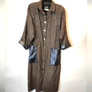 Vintage Wool Blend Coat Leather Trim Brown Black Size M