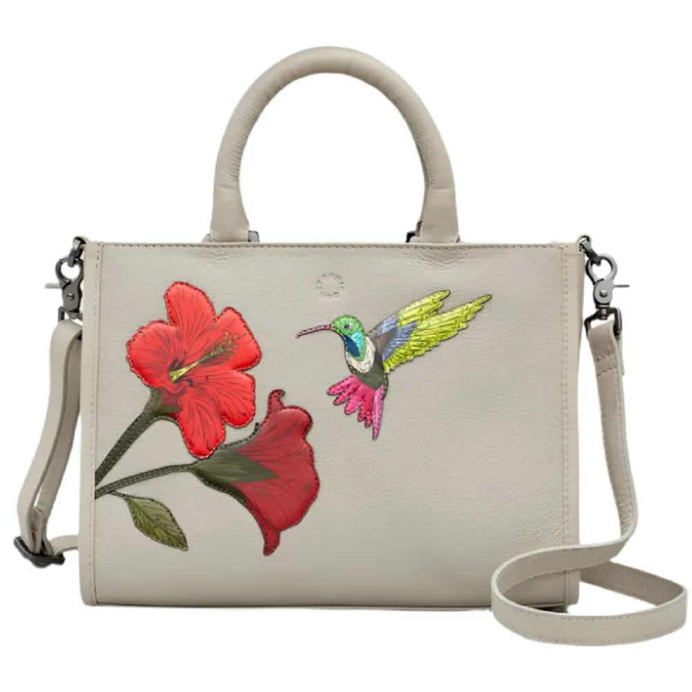 Yoshi Petals And Feathers Hummingbird Warm Grey Leather Grab Bag