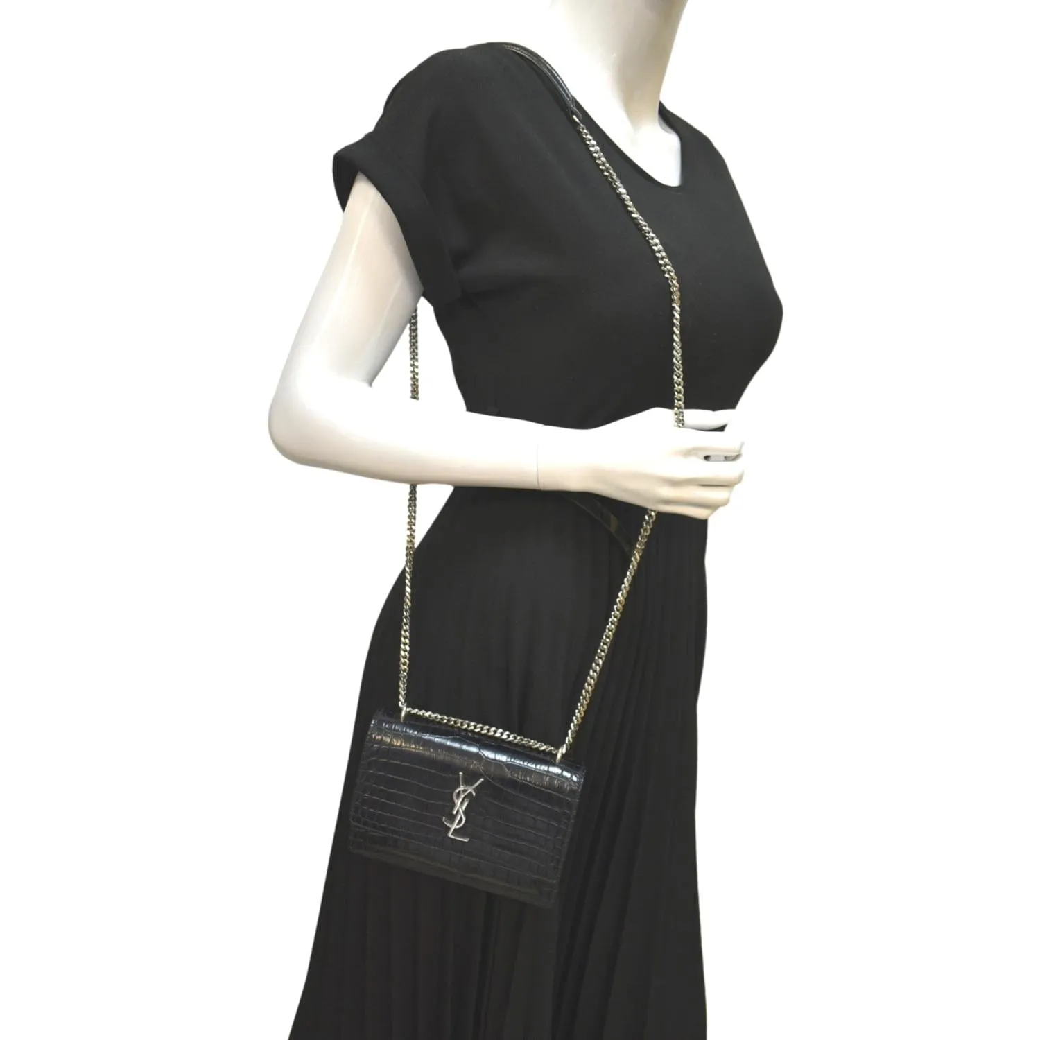 YVES SAINT LAURENT Sunset Crocodile Leather Crossbody Bag Black