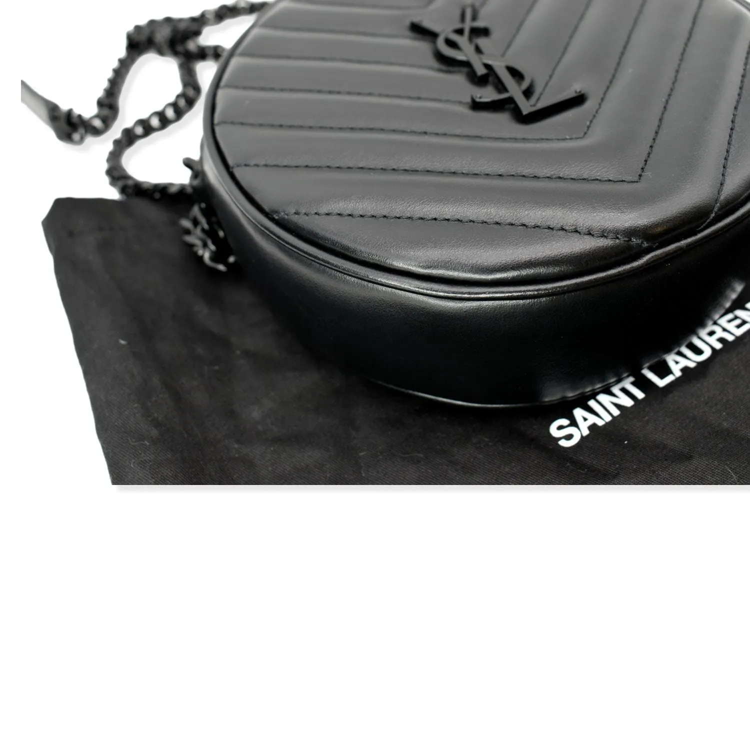 YVES SAINT LAURENT Vinyle Round Chevron Leather Camera Crossbody Bag Black