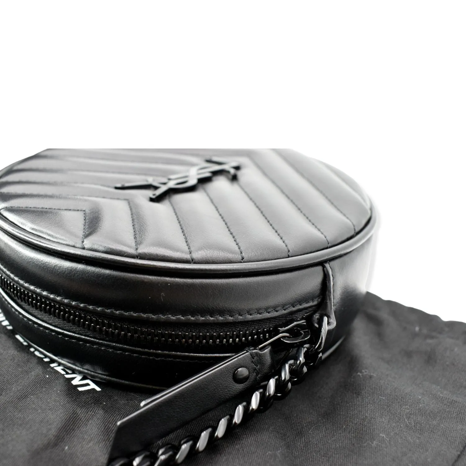 YVES SAINT LAURENT Vinyle Round Chevron Leather Camera Crossbody Bag Black