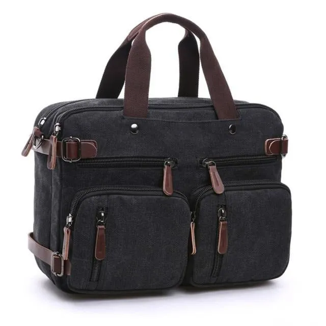 Zipper Shut Canvas Hybrid Briefcase, Converts to Backpack, Two Sizes