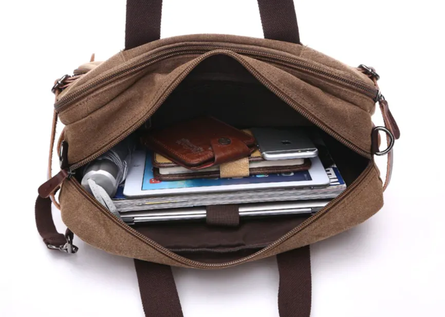 Zipper Shut Canvas Hybrid Briefcase, Converts to Backpack, Two Sizes